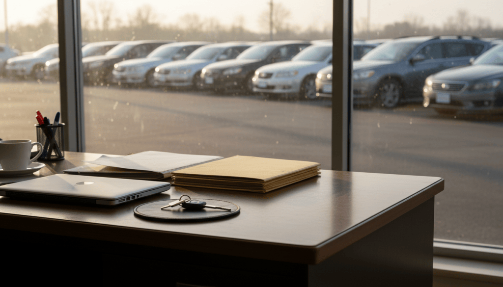 Laptop, folders and car keys on a dealership sales desk with the lot visible through the window
