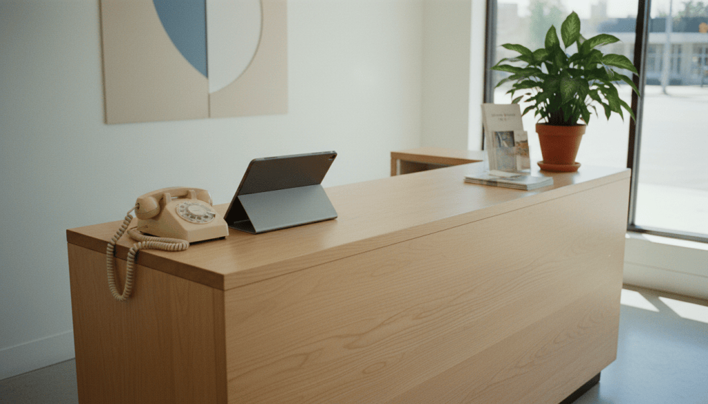 A small business reception counter with a phone and tablet