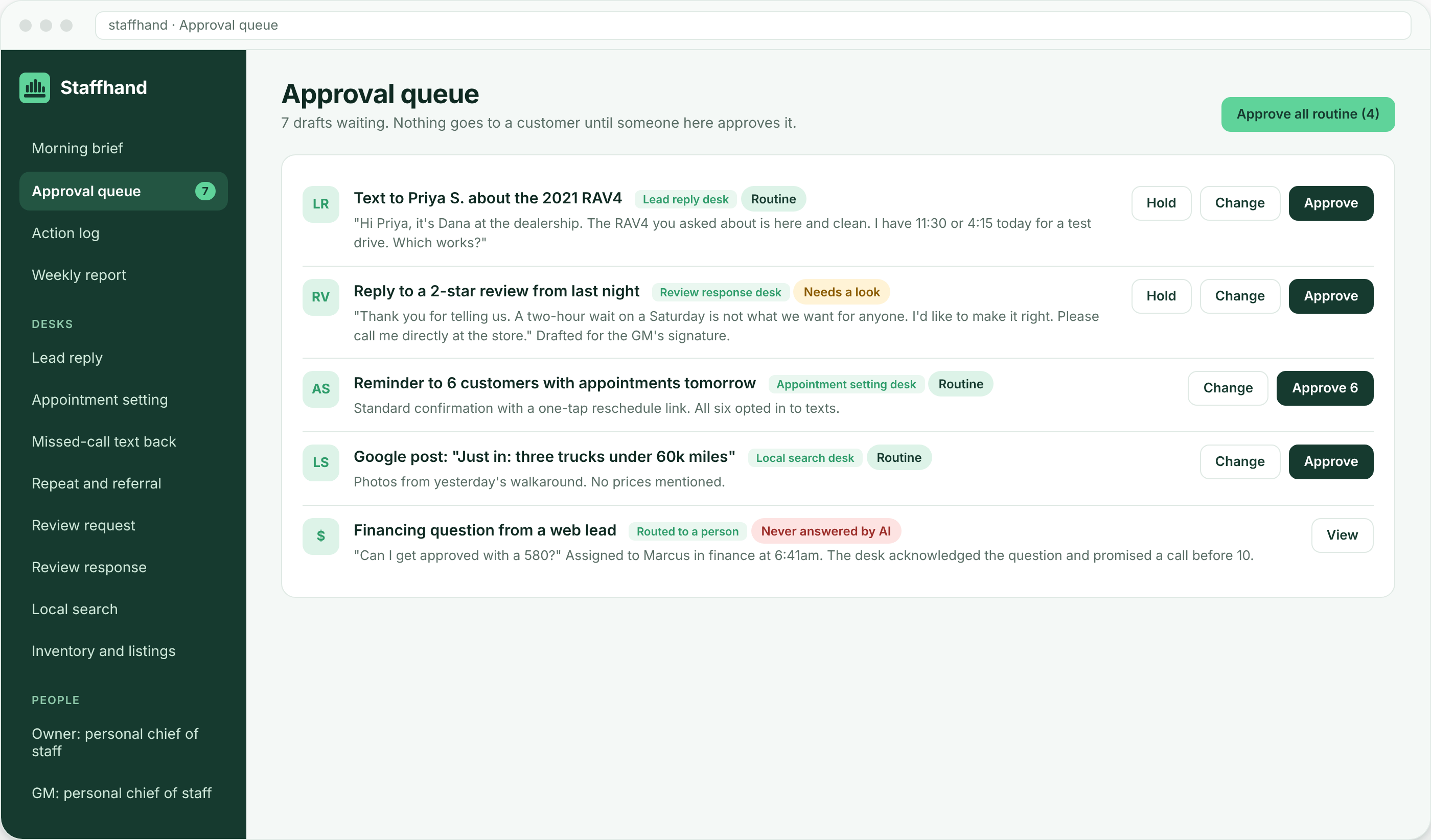 The Staffhand approval queue: drafts from each desk waiting for a person to approve, change or hold, with a financing question routed to a person